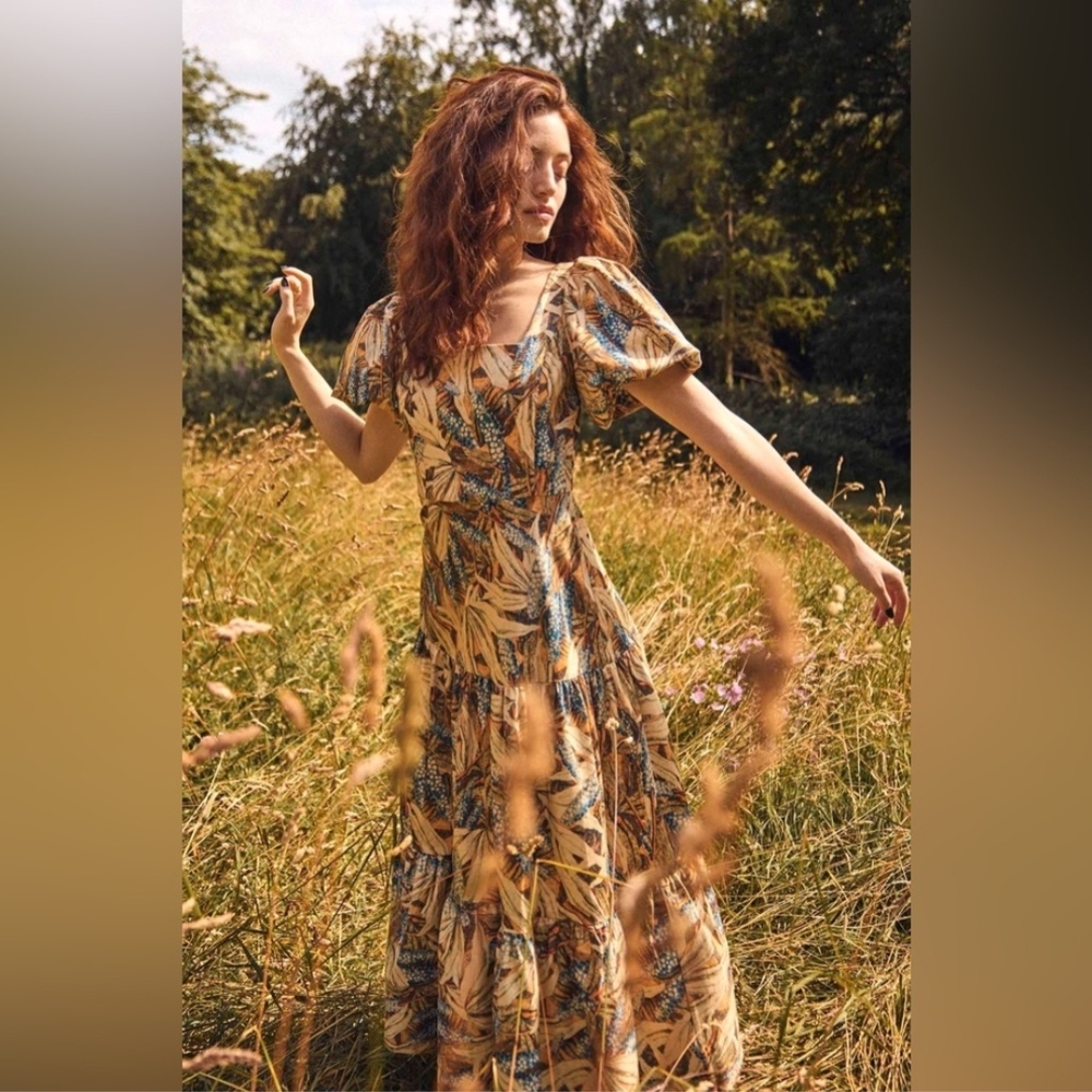 Hunter Bell Tropical Print Maxi Dress in Blue and Tan